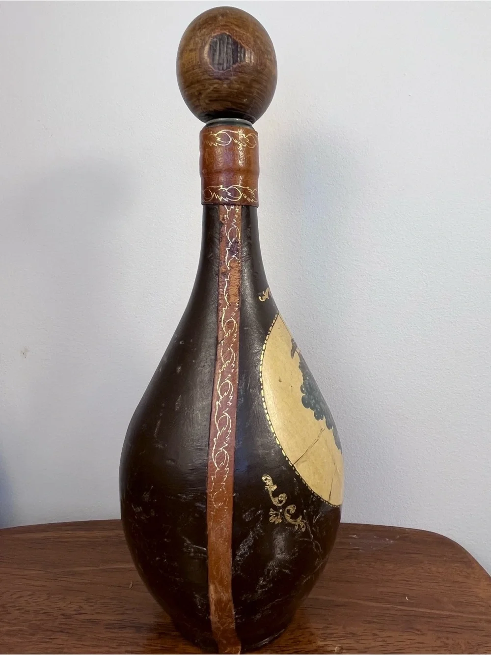 Florence‎ Italy Fausto Corduri Leather Wrapped Decanter Bottle Grapes Vintage